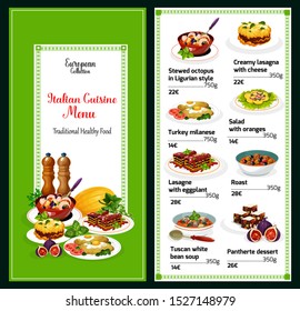 Italian Cuisine Vector Menu. Stewed Octopus In Ligurian Style, Creamy Lasagna With Cheese And Eggplant, Turkey Milanese. Salad With Oranges, Roast And Tuscan White Bean Soup, Pantherte