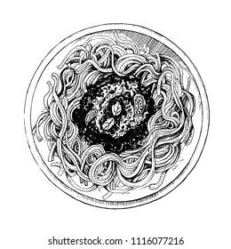 Italian cuisine.Drawing illustration of  Traditional spaghetti bolognese  with basil and tomatoes.Top view.