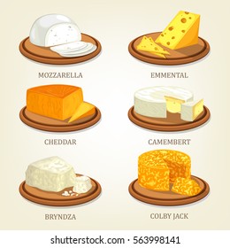 Italian dairy mozzarella and english cheddar, emmental or swiss emmentaler, french camembert and polish bryndza, american colby jack or cojack. Cheese food and fat nutrition, appetizer theme