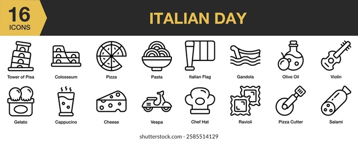 Italian Day icon set. Includes day, italy, europe, celebration, national, and More. Outline icons vector collection.