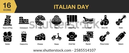 Italian Day solid icon set. Includes day, italy, europe, celebration, national, and More. Solid icons vector collection.