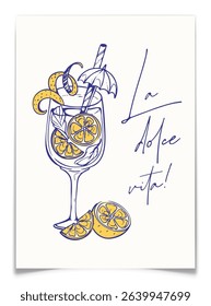 Italian decorative poster with pencil drawn cocktail. Elegant pen drawing of aperol spritz glass with ice and lemon. Banner with alcoholic drink. Mediterranean wall art placard. Vector illustration.
