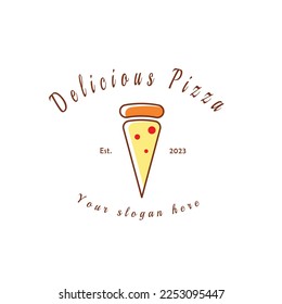 Italian delicious pizza slice cartoon logo design illustration. Pizza piece delicious tasty tomatoes pictogram silhouette. Suitable for fast food business. Minimalist flat design style.