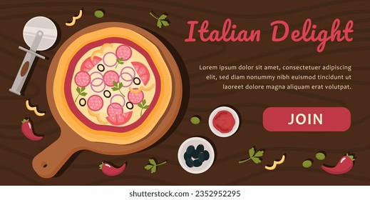 Italian Delight poster concept. Top view at pizza, traditional italian cuisine. Landing page design. Dessert and delicacy. Advertising for cafe or restaurant. Cartoon flat vector illustration