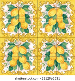 Italienisches Design. Zitronenbecher. Inneneinrichtung. Außen nahtlose Konstruktion. Muster mit Zitronenfrüchten und grünen Blättern. Sicilia, Amalfi, Vietri. Costiera amalfitana.