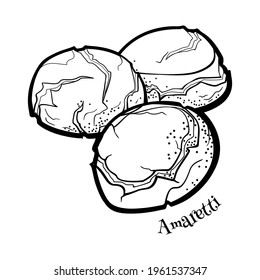 Italian dessert amaretti. Outline doodle style illustration for cafe, bakery, restaurant menu or logo and label. Traditional almond cookies.