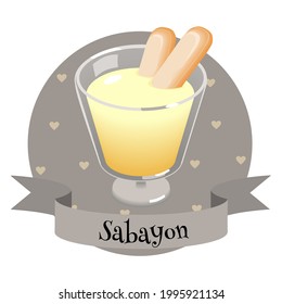 Italian dessert sabayon. Colorful cartoon style illustration for cafe, bakery, restaurant menu or logo and label. Eggnog with marsala wine and  biscuit cookies.