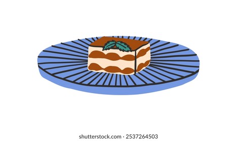 Tiramisú de postre italiano en un estilo plano. Sabrosa comida dulce. Cerámica artesanal. Ilustración vectorial brillante colorida en estilo moderno aislado en un fondo blanco