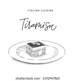 italian dessert tiramisu on a plate, sketch style vector illustration