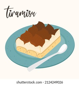 Italian dessert tiramisu on a plate isolated vector illustration. Chocolate layered cake. Traditional pastry, sweet treat of coffee