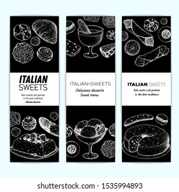 Italian dessert vector illustration. Banner set. Italian food hand drawn sketch. Baking collection. Vintage design template.