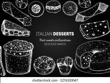 Italian dessert vector illustration. Italian food hand drawn sketch. Baking collection. Vintage design template. Cannoli, panforte, panettone, struffoli, ciambellone, amaretti, bombolone, affogato. 