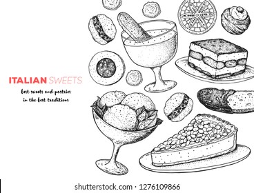 Italian dessert vector illustration. Italian food hand drawn sketch. Baking collection Vintage design template. Tiramisu, gelato, torta della nonna, zabaglione, biscotti, zeppole, sfinci illustration