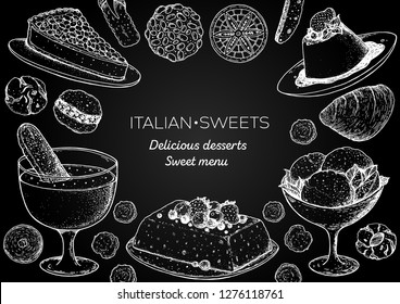 Italian dessert vector illustration. Italian food hand drawn sketch. Baking collection. Vintage design template. Torta della nonna, zabaglione, semifreddo, gelato, panna cotta, pizzelle illustration.