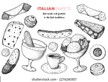 Italian dessert vector illustration. Italian food hand drawn sketch. Baking collection. Vintage design template. Cannoli, zabaglione, biscotti, gelato, panforte, bombolone, zeppole, panettone sketch.