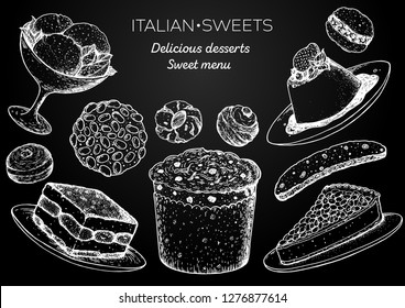 Italian dessert vector illustration. Italian food hand drawn sketch. Baking collection Vintage design template. Gelato, tiramisu, pignoli, panettone, torta della nonna, amaretti, biscotti, panna cotta