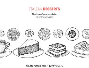 Italian dessert vector illustration. Italian food hand drawn sketch. Baking collection, engraved style. Vintage design template. Torta caprese, tiramisu, torta della nonna, pignoli, pizzelle, amaretti