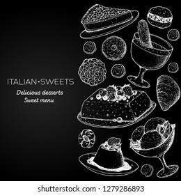 Italian dessert vector illustration. Italian food hand drawn sketch. Baking collection. Vintage design template. Torta della nonna, zabaglione, semifreddo, gelato, panna cotta, pizzelle illustration