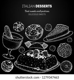 Italian dessert vector illustration. Italian food hand drawn sketch. Baking collection. Vintage design template. Zabaglione, semifreddo, cannoli, pignoli, torta della nonna, struffoli, amaretti sketch