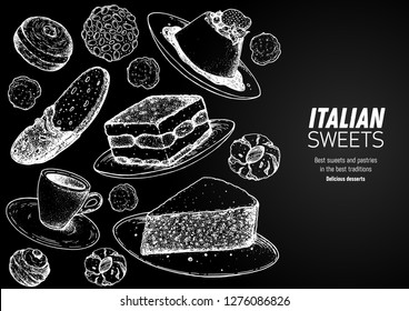 Italian dessert vector illustration. Hand drawn sketch. Italian baking collection. Vintage design template. Panna cotta, tiramisu, bombolone, torta caprese, biscotti, pizzelle illustration.