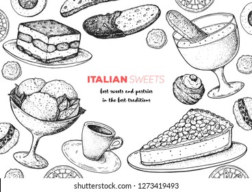 Italian dessert vector illustration. Italian sweet hand drawn sketch. Baking collection Vintage design template. Tiramisu, gelato, torta della nonna, zabaglione, biscotti, zeppole, sfinci illustration