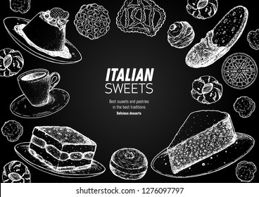 Italian dessert vector illustration. Italian sweet hand drawn sketch. Baking collection. Vintage design template. Panna cotta, tiramisu, bombolone, torta caprese, biscotti, pizzelle illustration. 