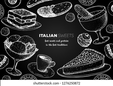 Italian dessert vector illustration. Italian sweet hand drawn sketch. Baking collection Vintage design template. Tiramisu, gelato, torta della nonna, zabaglione, biscotti, zeppole, sfinci illustration