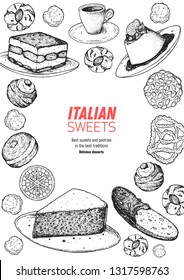 Italian dessert vector illustration. Italian sweet hand drawn sketch. Breakfast baking collection. Panna cotta, tiramisu, bombolone, torta caprese, biscotti, pizzelle illustration. 