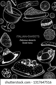 Italian dessert vector illustration. Italian sweet hand drawn sketch. Baking collection. Vintage design template. Torta della nonna, zabaglione, semifreddo, gelato, panna cotta, pizzelle illustration.