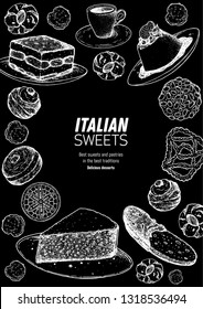 Italian dessert vector illustration. Italian sweet hand drawn sketch. Breakfast baking collection. Panna cotta, tiramisu, bombolone, torta caprese, biscotti, pizzelle illustration.