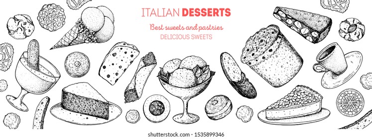 Italian dessert vector illustration. Italian sweet hand drawn.Bakery cooking sketch illustration. Italian cuisine frame. Sweet food menu design elements. Dessert hand drawn frame. Italian food. 