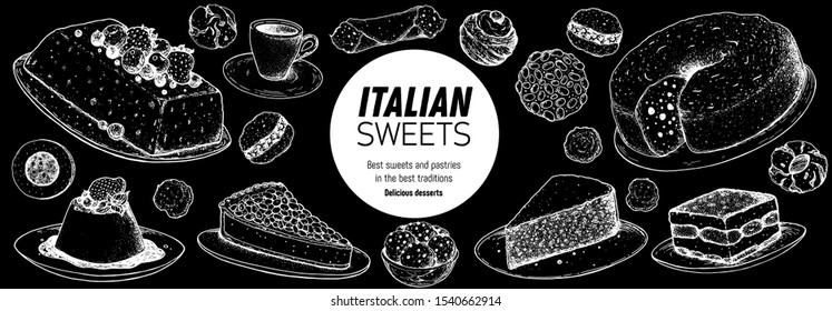 Italian dessert vector illustration. Italian sweet hand drawn.Bakery cooking sketch illustration. Italian cuisine frame. Sweet food menu design elements. Dessert hand drawn frame. 