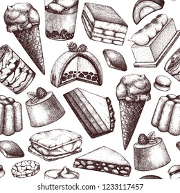 Italian desserts background. Vector cakes, cookies and pastries drawings. Traditional sweet food sketches in engraved style. Seamless pattern for cafe or restaurant design.