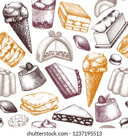 Italian desserts background. Vector cakes, cookies and pastries drawings. Traditional sweet food sketches in engraved style. Seamless pattern for cafe or restaurant design.
