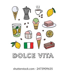 Italian desserts and ice cream illustrations. Hand drawn vector Italy food set. Gelato, coffee, cakes