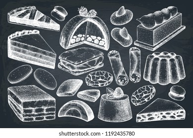 Italian desserts illustrations collection. Vector baking and pastries on chalkboard. Traditional sweet food sketches in engraved style. For cafe or restaurant design.