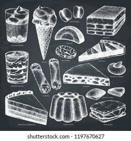 Italian desserts illustrations collection. Vector baking and pastries on chalkboard. Traditional sweet food sketches in engraved style. For cafe or restaurant design.