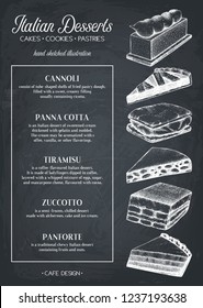 Italian desserts menu design. Hand drawn confections and pastries on chalkboard. Fast food sketches in engraved style. Vector template for cafe or bakery.