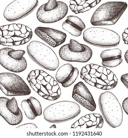 Italian desserts seamless pattern. Vector baking and pastries background. Traditional cookies sketches in engraved style. For cafe or restaurant design.