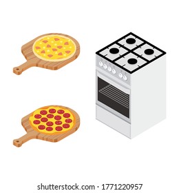 Italian different pizzas on wooden board cooked in gas oven. Salami and hawaiian pizza for restaurants, pizzerias