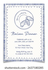Italian dinner invitation card with pencil drawn oysters. Elegant blue ink pen drawing of food. Greeting postcard for Mediterranean holiday party. Trendy vintage seafood drawing. Vector illustration.