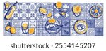 Italian dinner table, vector hand drawn watercolor azulejo background, wine bottle, glass, plate. Sea food blue banner, Mediterranean restaurant graphic, oyster conch lemon fruit. Vintage dinner table