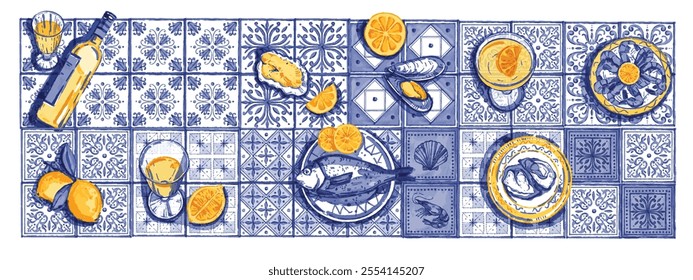 Italian dinner table, vector hand drawn watercolor azulejo background, wine bottle, glass, plate. Sea food blue banner, Mediterranean restaurant graphic, oyster conch lemon fruit. Vintage dinner table