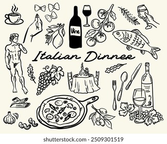 Italian Dinner - whimsical style, hand drawn collection of illustrations, vector