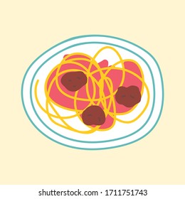 plato italiano - espaguetis y albóndigas. Ilustración vectorial. Concepto de cafetería, restaurante.