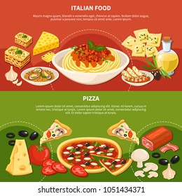 Italian dishes horizontal banners with icons showing ingredients used in popular meals of traditional cuisine flat vector illustration 