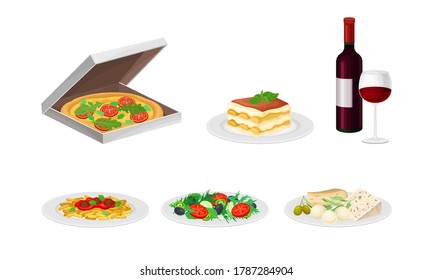 Italian Dishes with Pasta and Pizza Served on Plates Side View Vector Set