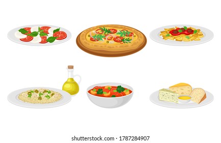 Italian Dishes with Pasta and Pizza Served on Plates Side View Vector Set