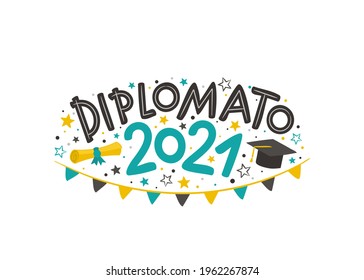 Italian Doodle Logo for the 2021 graduate with a masters cap, rolled scroll, flags and stars. Vector illustration for badge or emblem. Isolated on white background