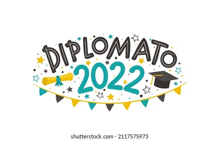 Italian Doodle Logo for the 2022 graduate with a bachelor cap, rolled scroll, flags and stars. Vector illustration for badge or emblem. Isolated on white background. Translation: Graduation